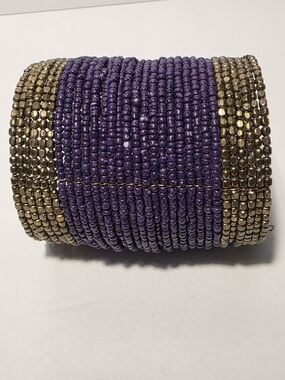 Purple and Gold Beaded Cuff Bracelet